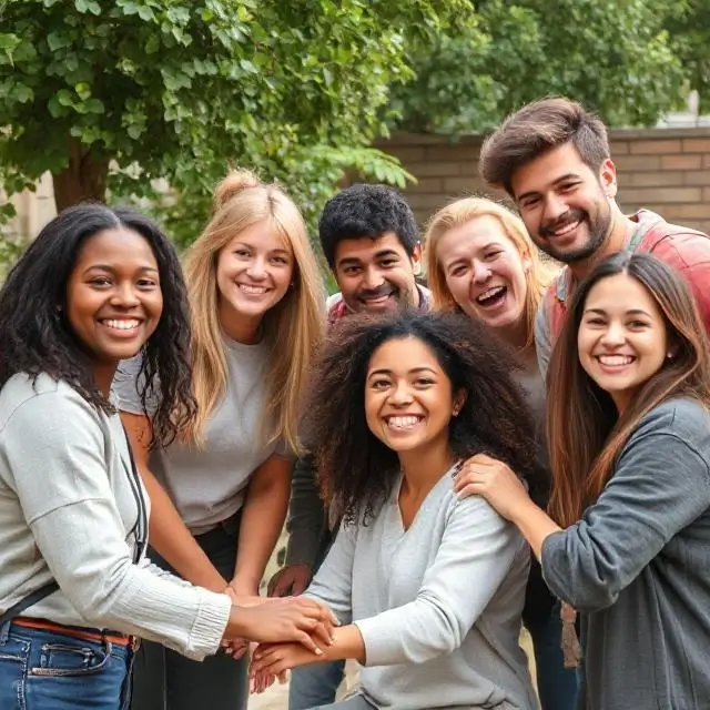 A group of diverse volunteers working together happily.