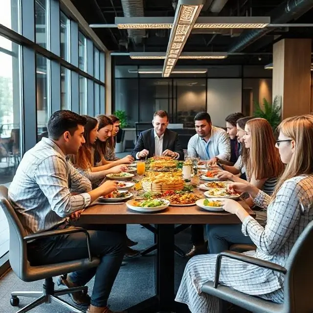 A modern office environment with employees enjoying a catered lunch.
