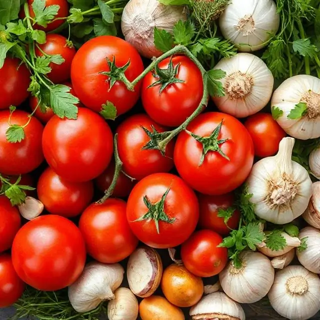 A vibrant collection of fresh, raw ingredients like tomatoes, herbs, and garlic.