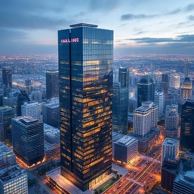 A modern skyscraper in a bustling city, representing the Global HQ.
