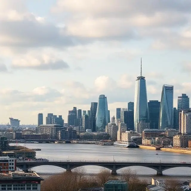 A view of a modern European city skyline, such as London.