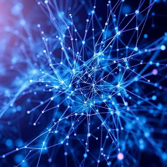 An abstract visualization of a neural network, representing AI and technology.