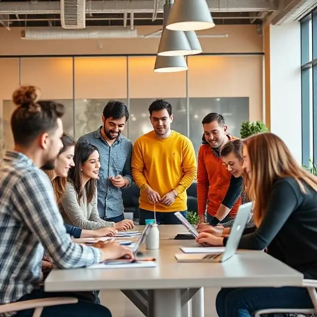 A diverse team of QuickBite employees collaborating in a modern office.